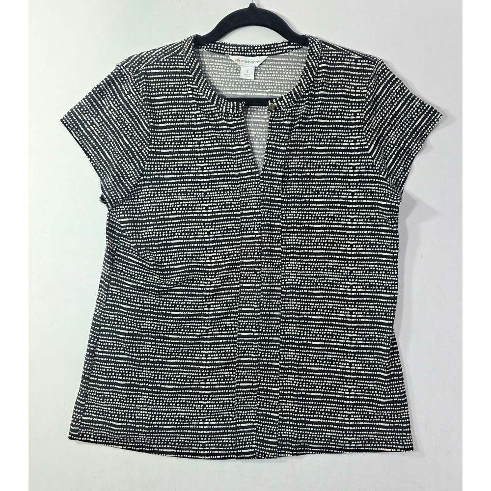 Liz Claiborne Black White Dotted Short Sleeve Blouse Split Neck Top Small